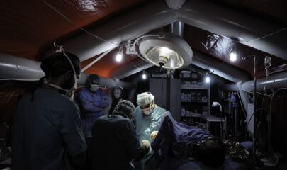 An inflatable operating theatre erected inside this MSF makeshift hospital in Syria.